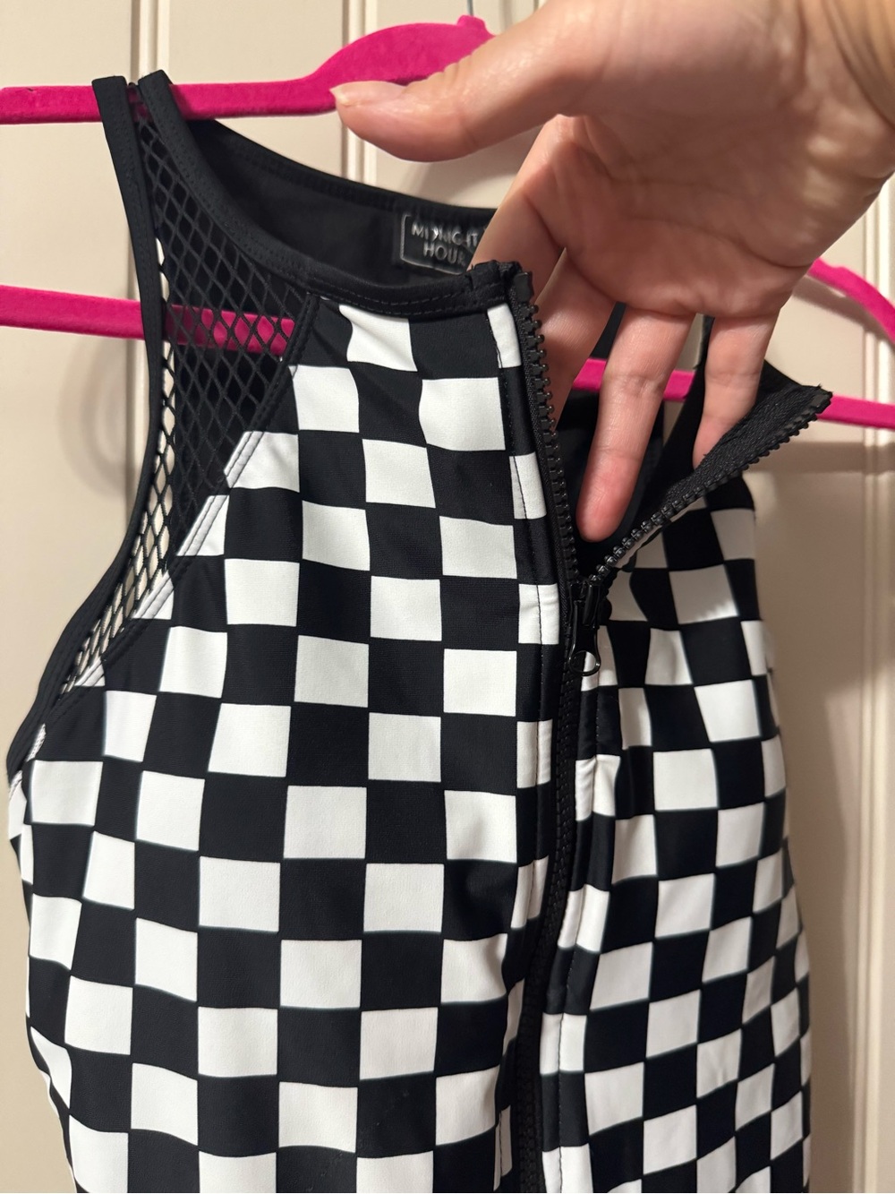 HOT TOPIC 🖤 Black, White Checkered Zip-Front One-Piece Swimsuit (Women’s Medium) - Picture 4 of 13